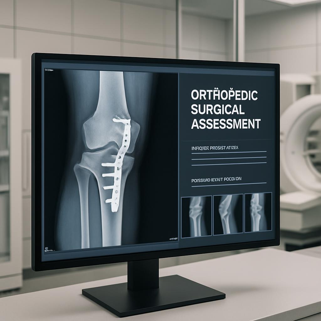 An X-ray of a knee with a plate and screw in place, accompanying a graphic title page labeled "Orthopedic Surgical Assessm...