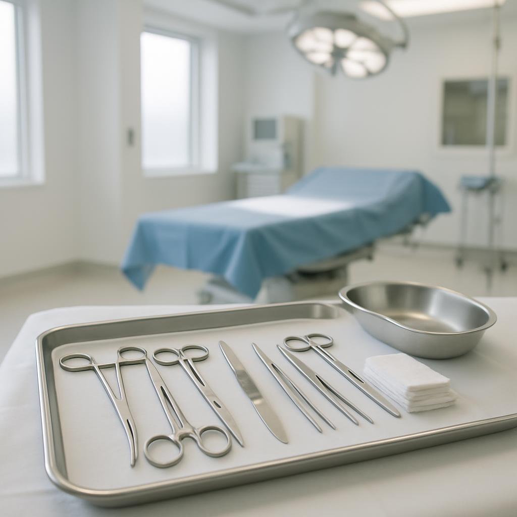 An operating room with a surgical tray and table in the foreground, a bed in the background, and sterile blue linens.