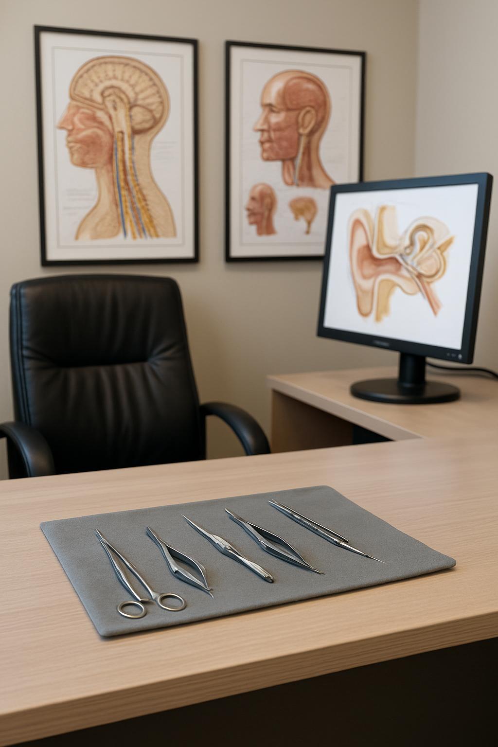 A medical office setup with an operating table and scalpels on display, alongside a monitor and office chair.